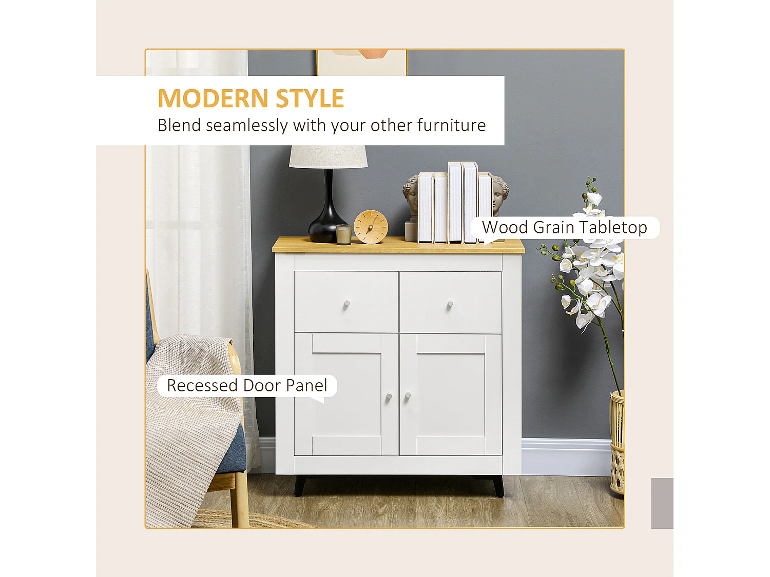 Dielro Farmhouse Sideboard White with Natural Wood Effect Top 2 Doors and 2 Drawers