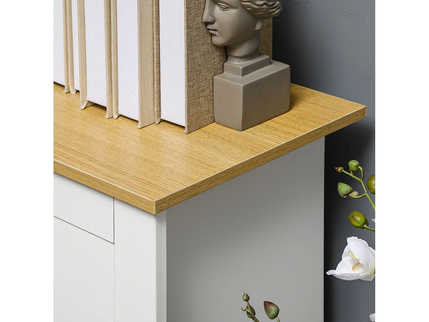 Dielro Farmhouse Sideboard White with Natural Wood Effect Top 2 Doors and 2 Drawers