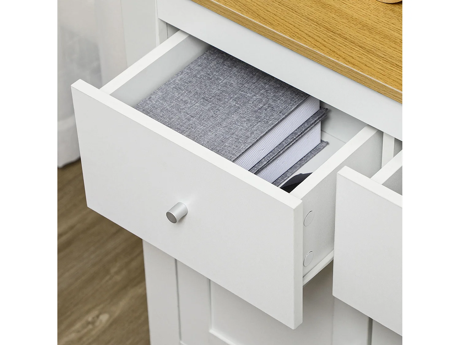 Dielro Farmhouse Sideboard White with Natural Wood Effect Top 2 Doors and 2 Drawers