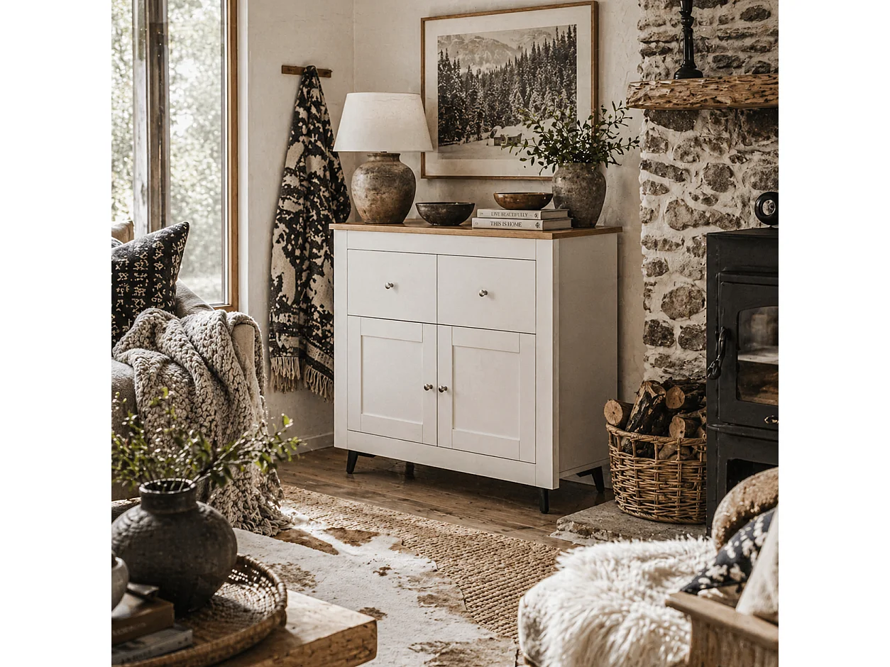 Dielro Farmhouse Sideboard White with Natural Wood Effect Top 2 Doors and 2 Drawers