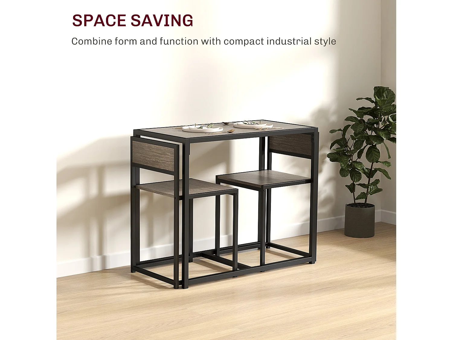 Zikeba Grey Wood Effect Compact Dining Table and 2 Stool Set