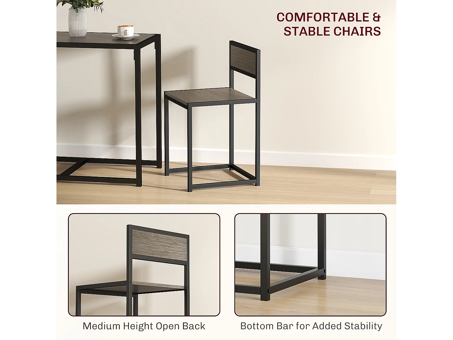Zikeba Grey Wood Effect Compact Dining Table and 2 Stool Set