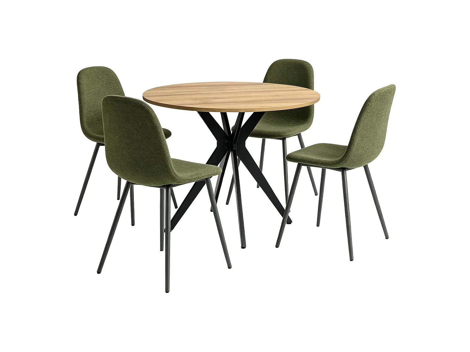 CLIFTXCHARLTON - Table à manger ronde de 100 cm en imitation chêne et pieds métal noirs avec 4 chaises en tissu vert foncé