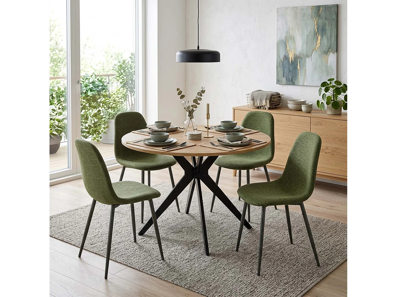 CLIFTXCHARLTON - Table à manger ronde de 100 cm en imitation chêne et pieds métal noirs avec 4 chaises en tissu vert foncé