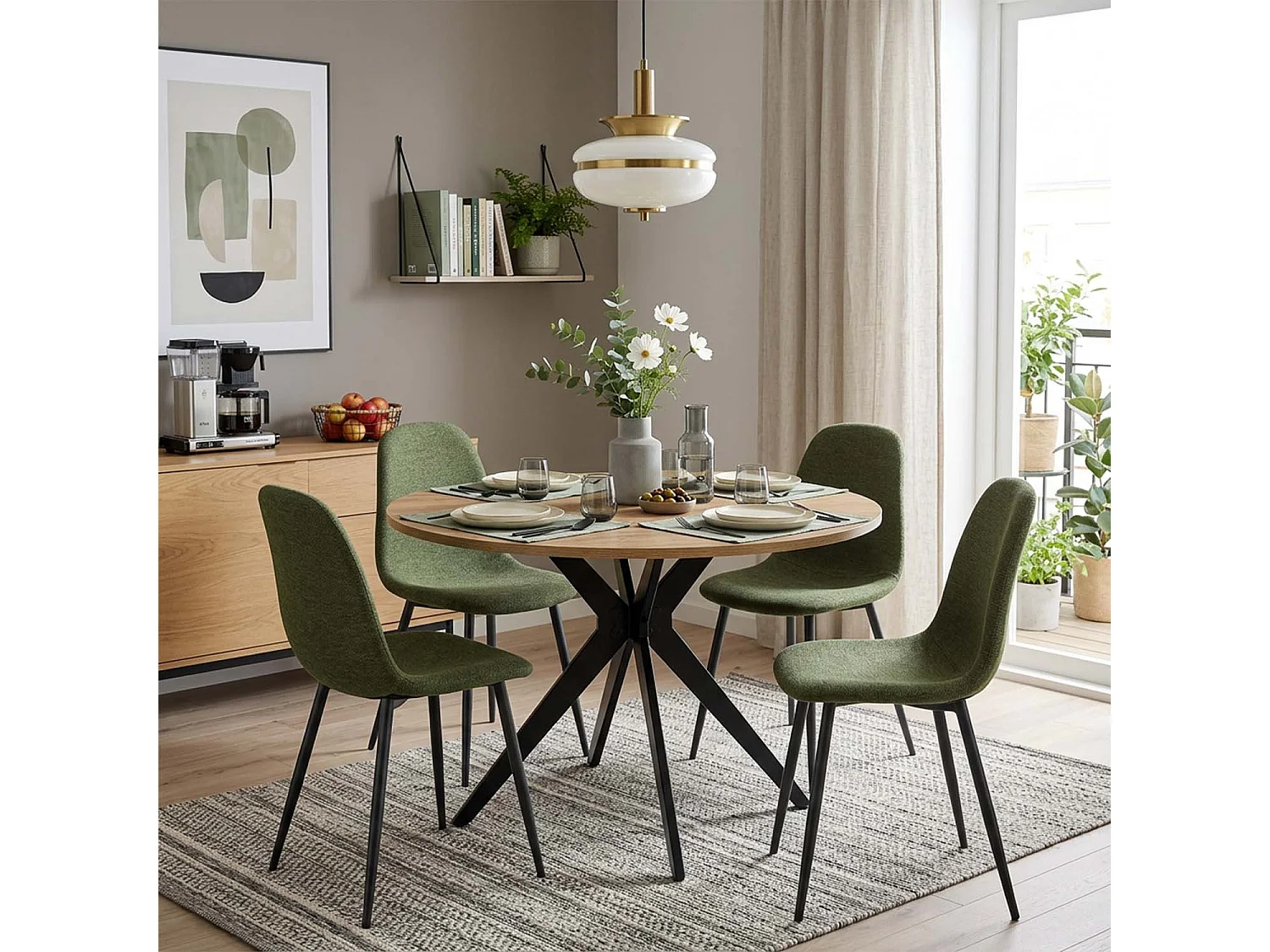 CLIFTXCHARLTON - Table à manger ronde de 100 cm en imitation chêne et pieds métal noirs avec 4 chaises en tissu vert foncé