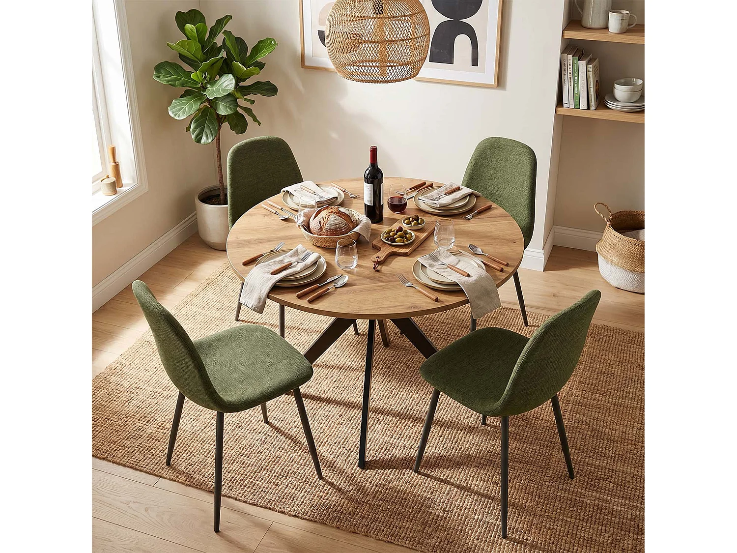 CLIFTXCHARLTON - Table à manger ronde de 100 cm en imitation chêne et pieds métal noirs avec 4 chaises en tissu vert foncé