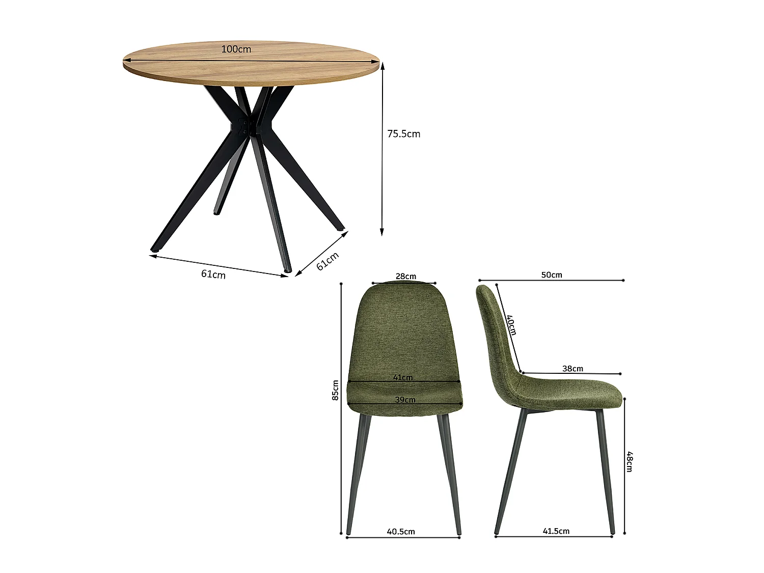 CLIFTXCHARLTON - Table à manger ronde de 100 cm en imitation chêne et pieds métal noirs avec 4 chaises en tissu vert foncé