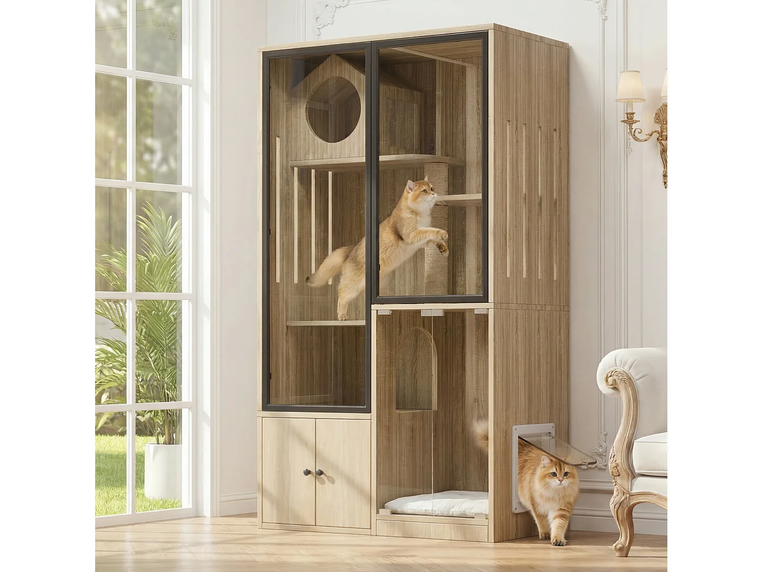 Cat House, Cat City, Cage - with Scratching Post - Small Lockable Entrance Door - Wood Color (Litter Box Not Included)