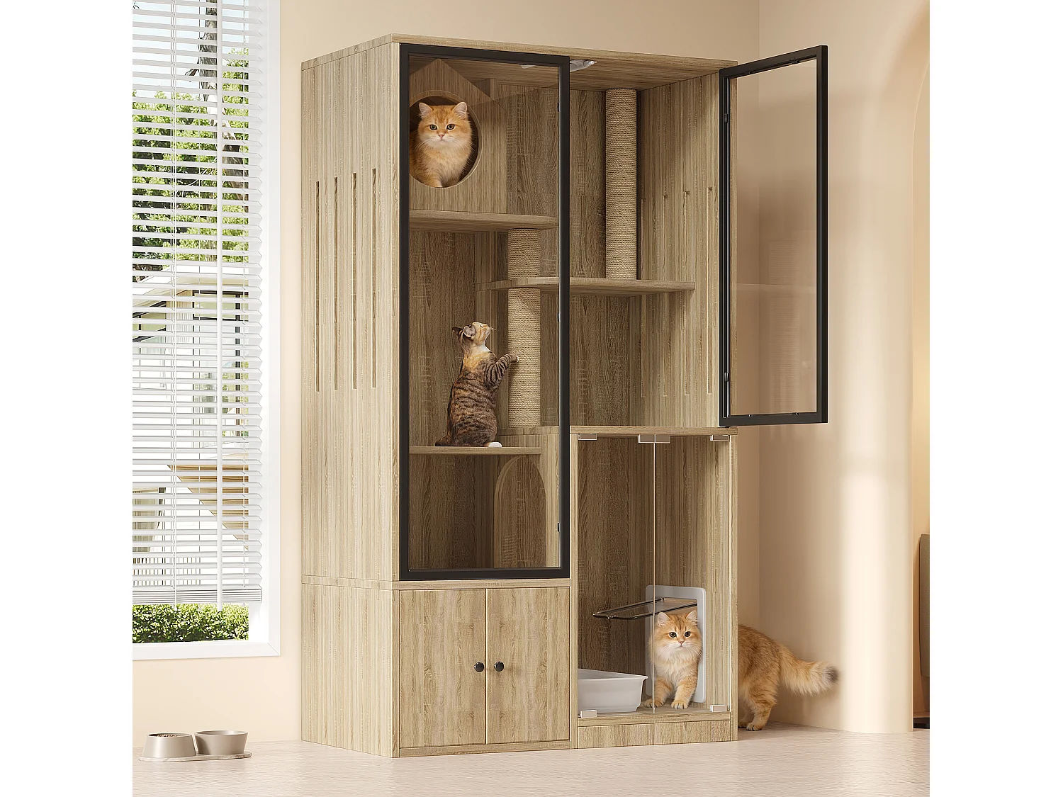 Cat House, Cat City, Cage - with Scratching Post - Small Lockable Entrance Door - Wood Color (Litter Box Not Included)