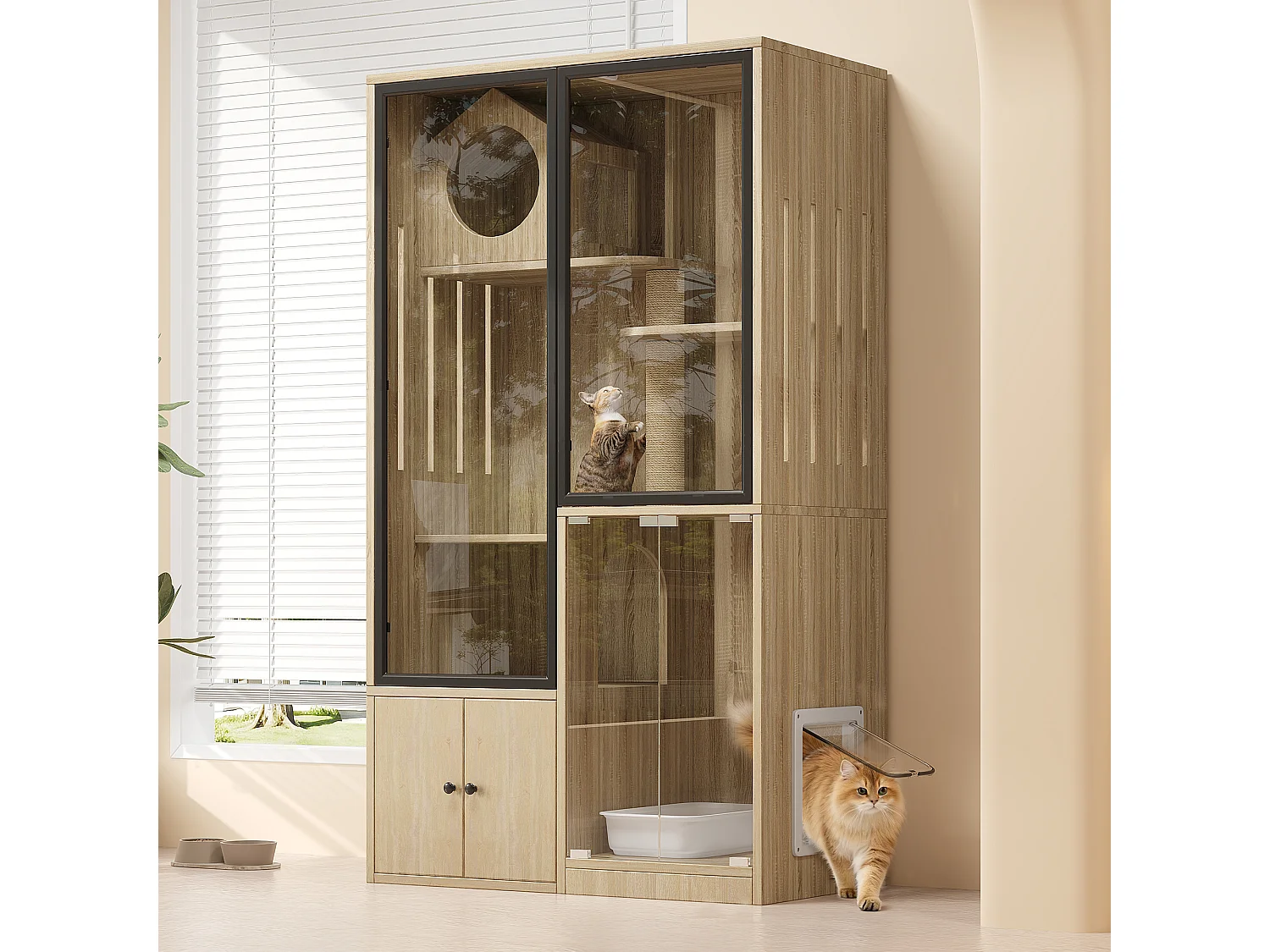 Cat House, Cat City, Cage - with Scratching Post - Small Lockable Entrance Door - Wood Color (Litter Box Not Included)