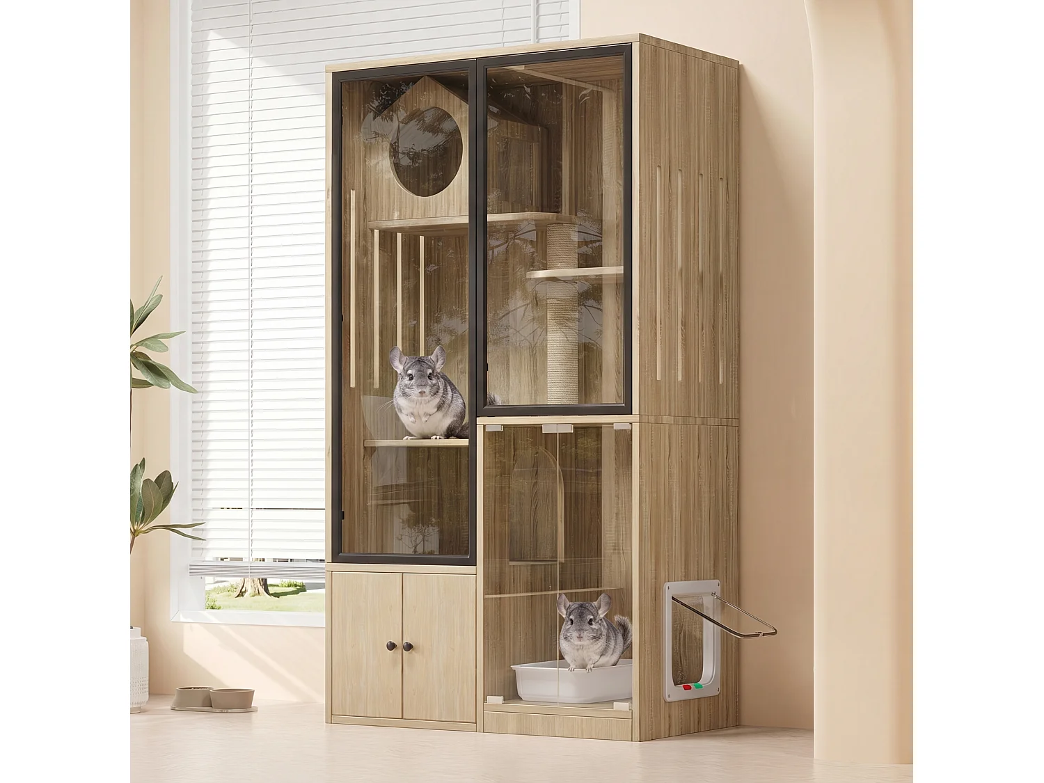 Cat House, Cat City, Cage - with Scratching Post - Small Lockable Entrance Door - Wood Color (Litter Box Not Included)