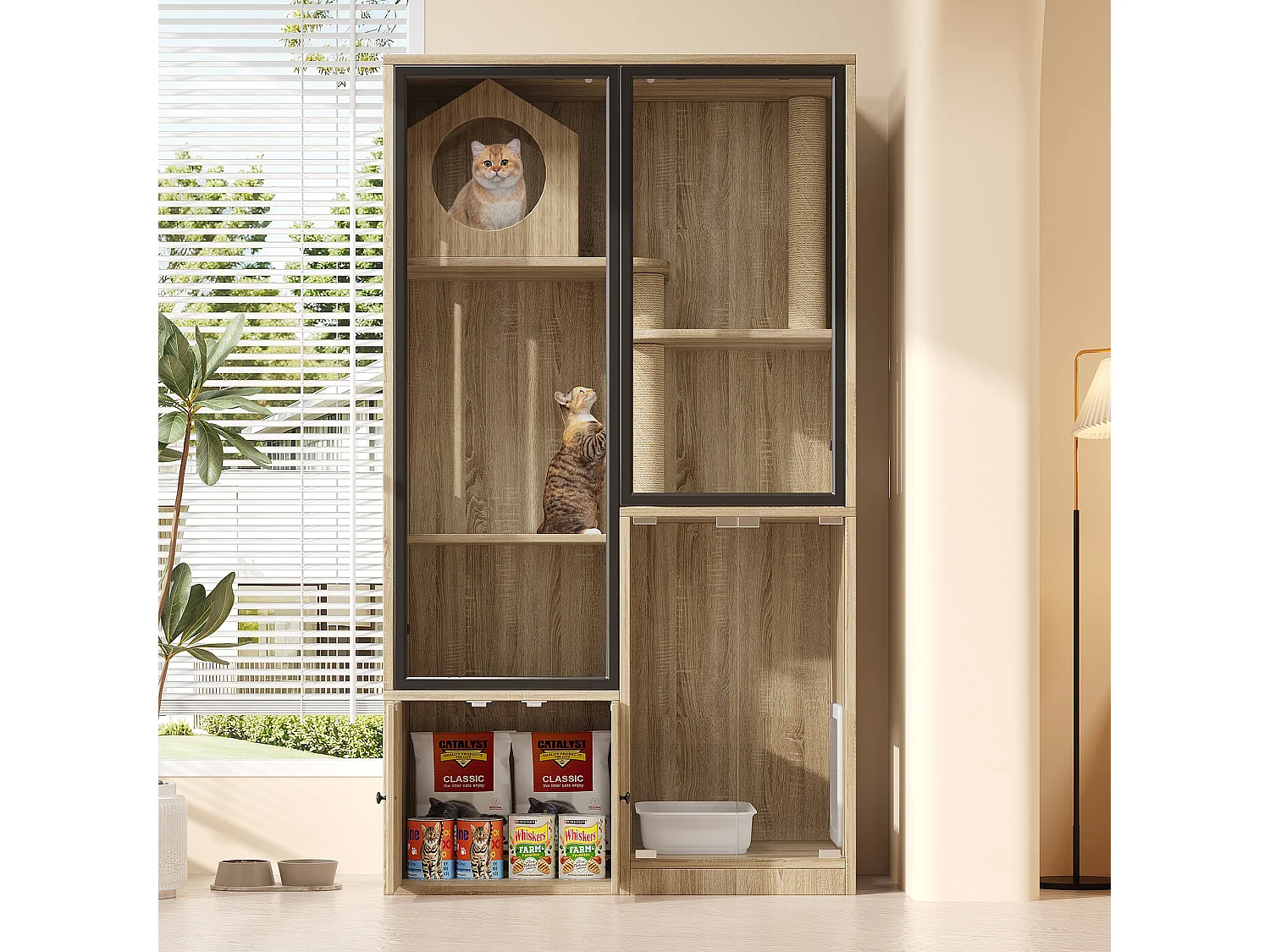 Cat House, Cat City, Cage - with Scratching Post - Small Lockable Entrance Door - Wood Color (Litter Box Not Included)