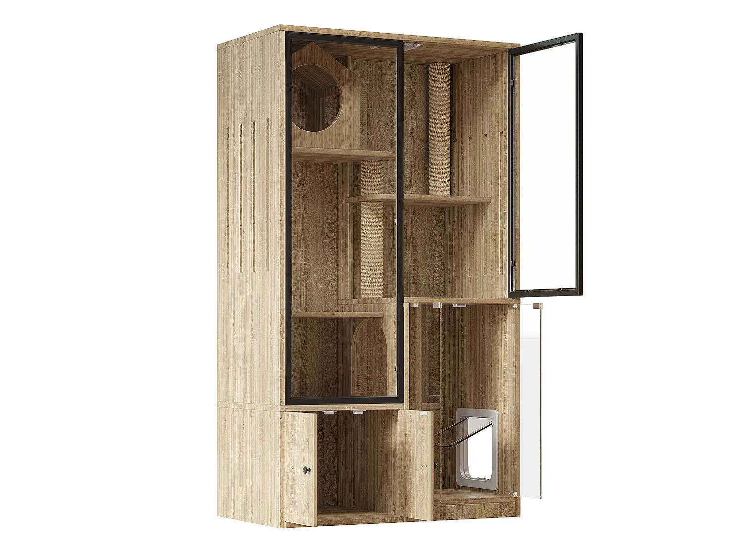 Cat House, Cat City, Cage - with Scratching Post - Small Lockable Entrance Door - Wood Color (Litter Box Not Included)