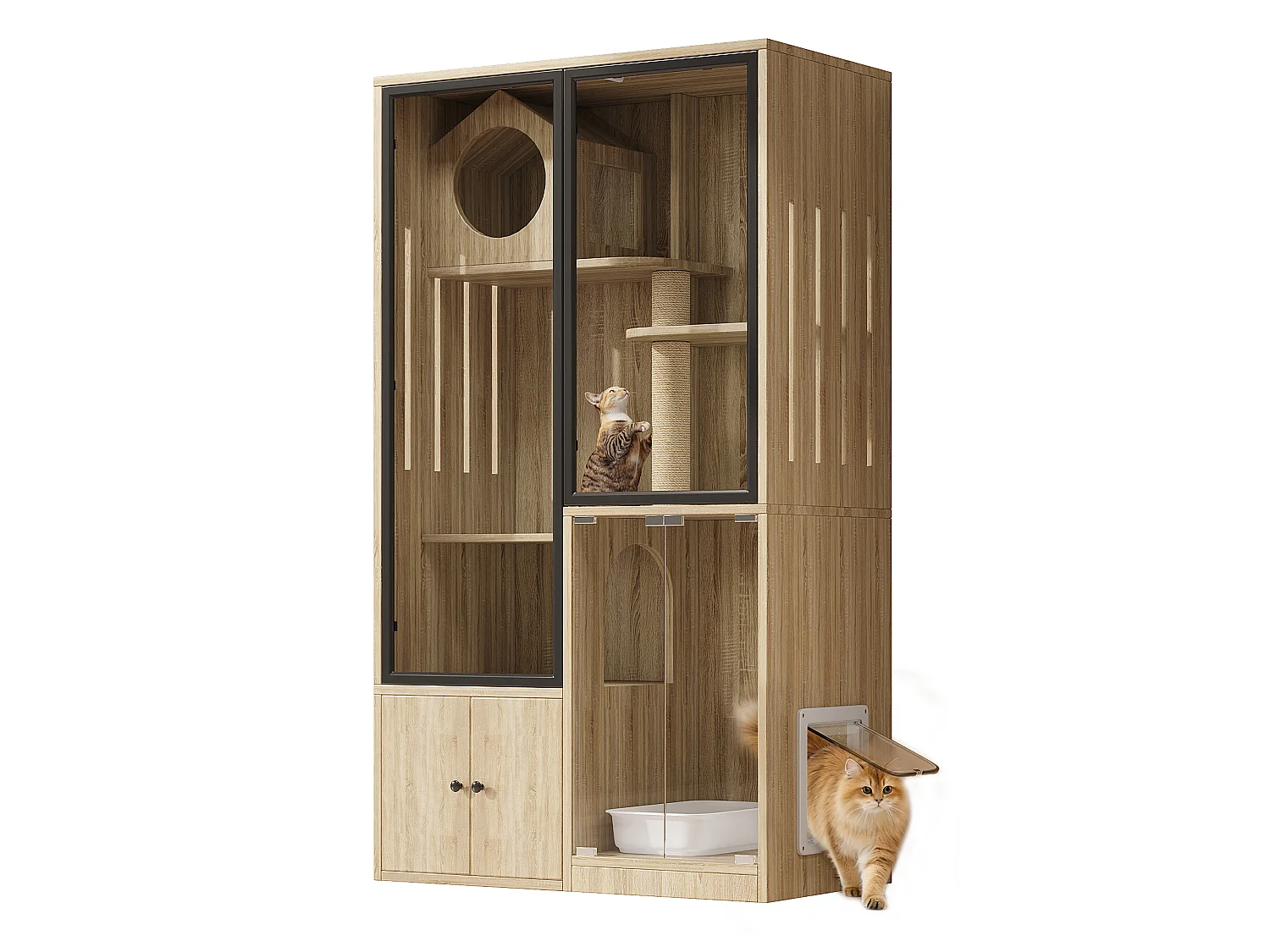 Cat House, Cat City, Cage - with Scratching Post - Small Lockable Entrance Door - Wood Color (Litter Box Not Included)