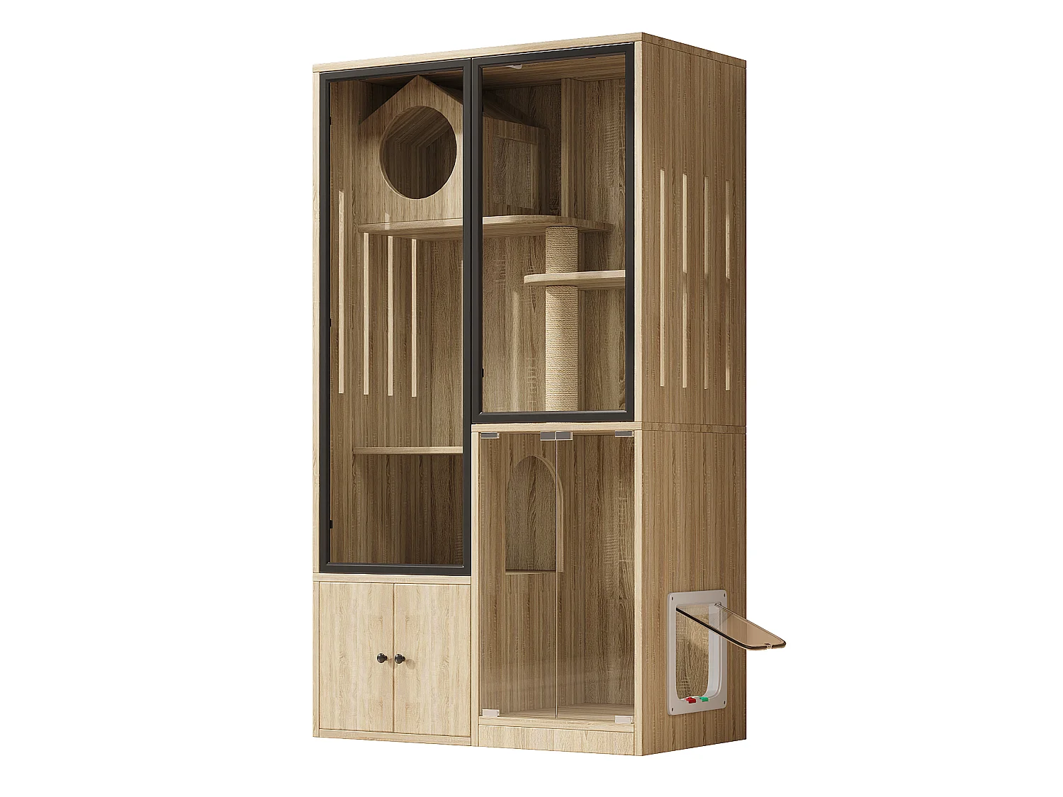 Cat House, Cat City, Cage - with Scratching Post - Small Lockable Entrance Door - Wood Color (Litter Box Not Included)