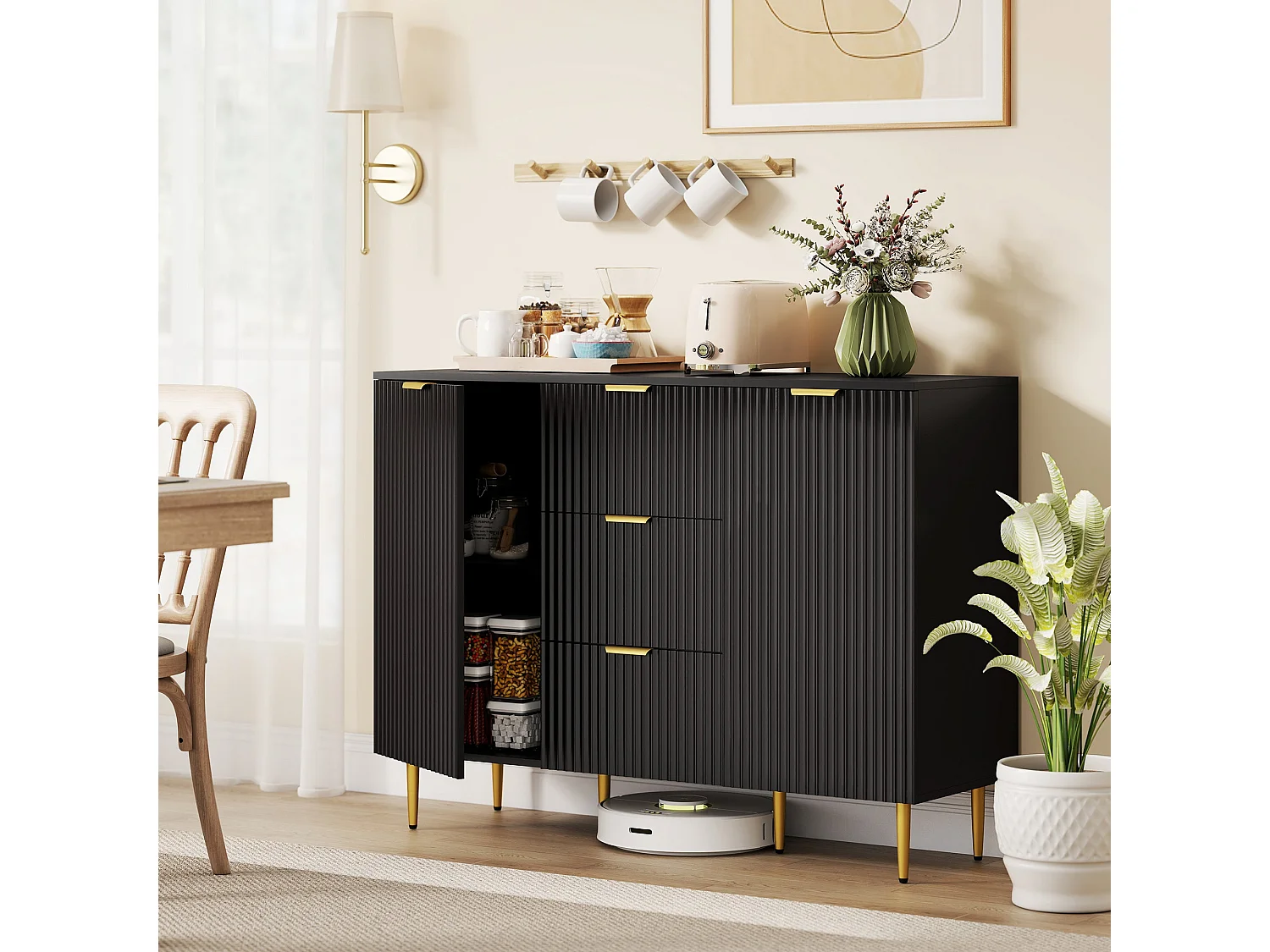 Surara Baro Black Ribbed Sideboard 2 Doors 3 Drawers Gold Accents
