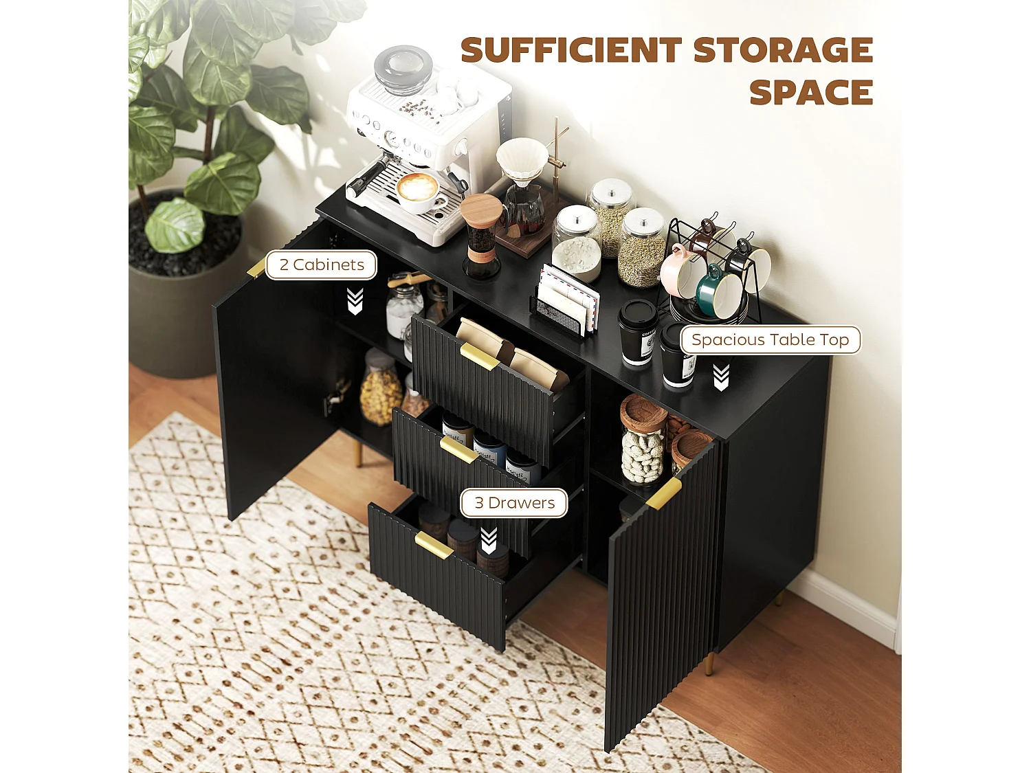 Surara Baro Black Ribbed Sideboard 2 Doors 3 Drawers Gold Accents