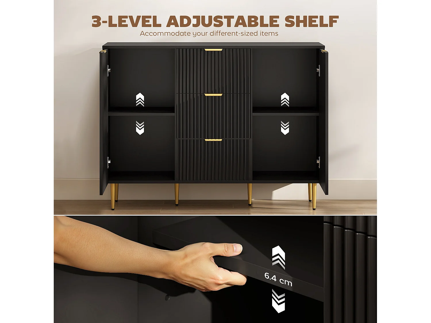 Surara Baro Black Ribbed Sideboard 2 Doors 3 Drawers Gold Accents