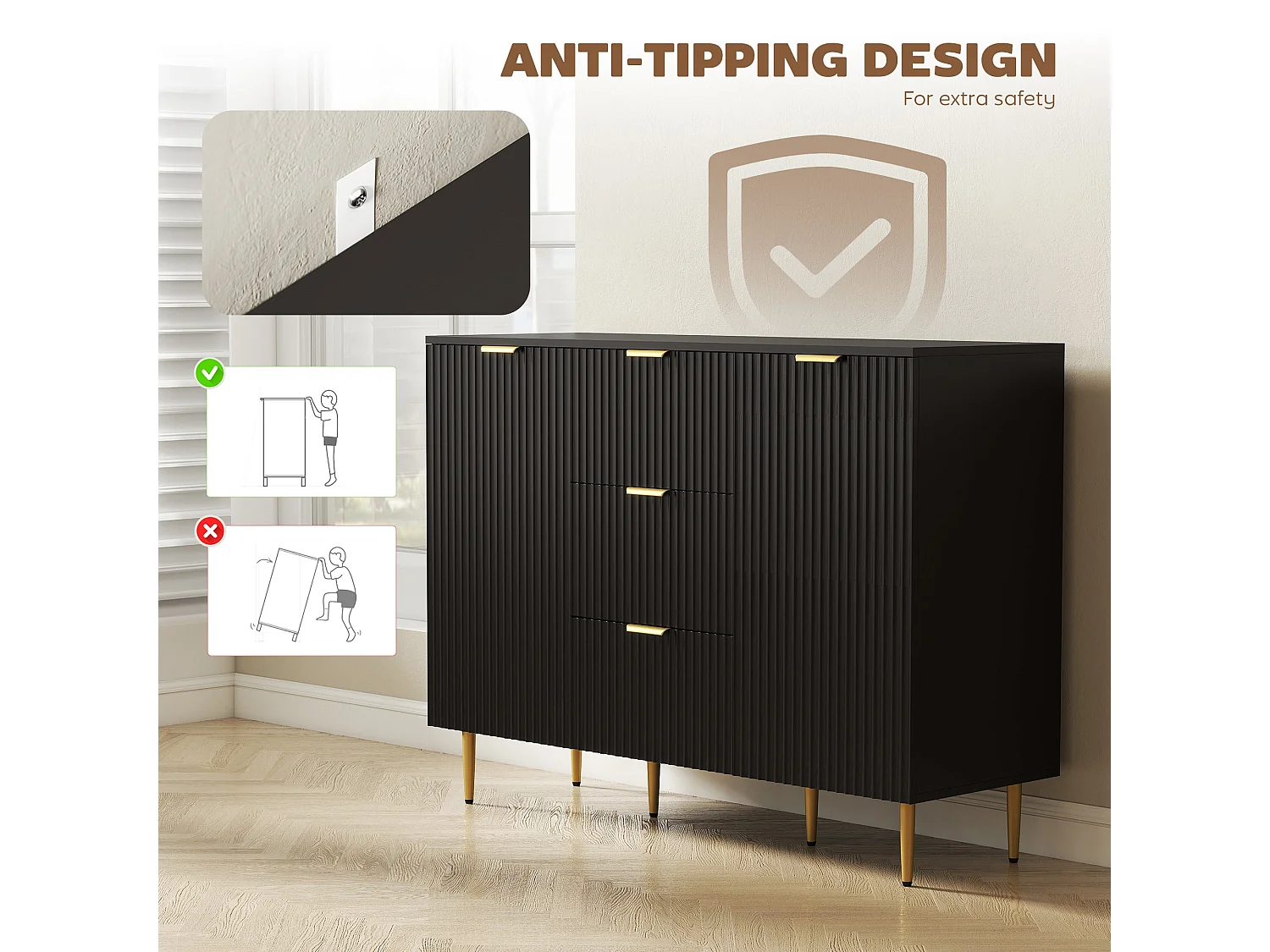 Surara Baro Black Ribbed Sideboard 2 Doors 3 Drawers Gold Accents