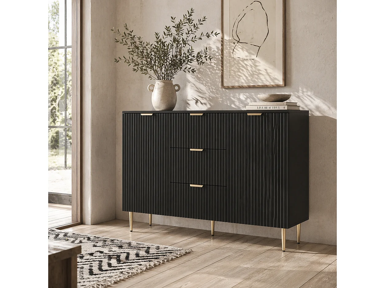 Surara Baro Black Ribbed Sideboard 2 Doors 3 Drawers Gold Accents