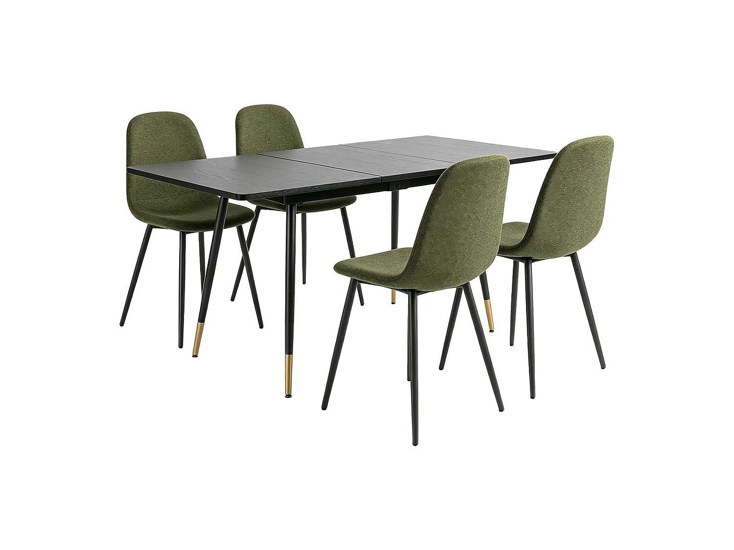 WHALENCHARLTON - Table à manger extensible 120-160 cm à rallonge papillon avec plateau noir et 4 chaises en tissu vert foncé