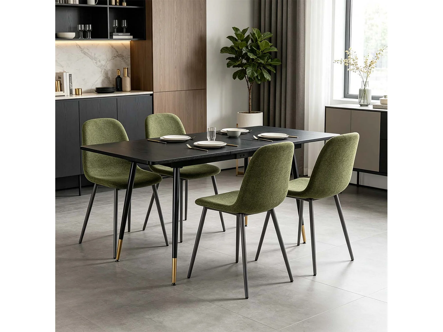 WHALENCHARLTON - Table à manger extensible 120-160 cm à rallonge papillon avec plateau noir et 4 chaises en tissu vert foncé