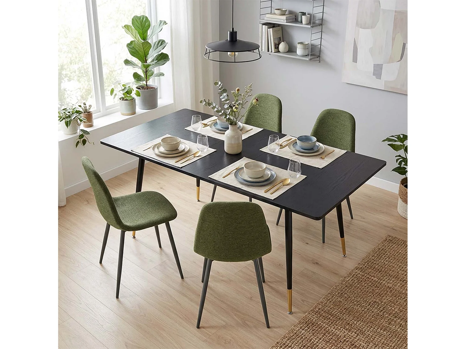 WHALENCHARLTON - Table à manger extensible 120-160 cm à rallonge papillon avec plateau noir et 4 chaises en tissu vert foncé