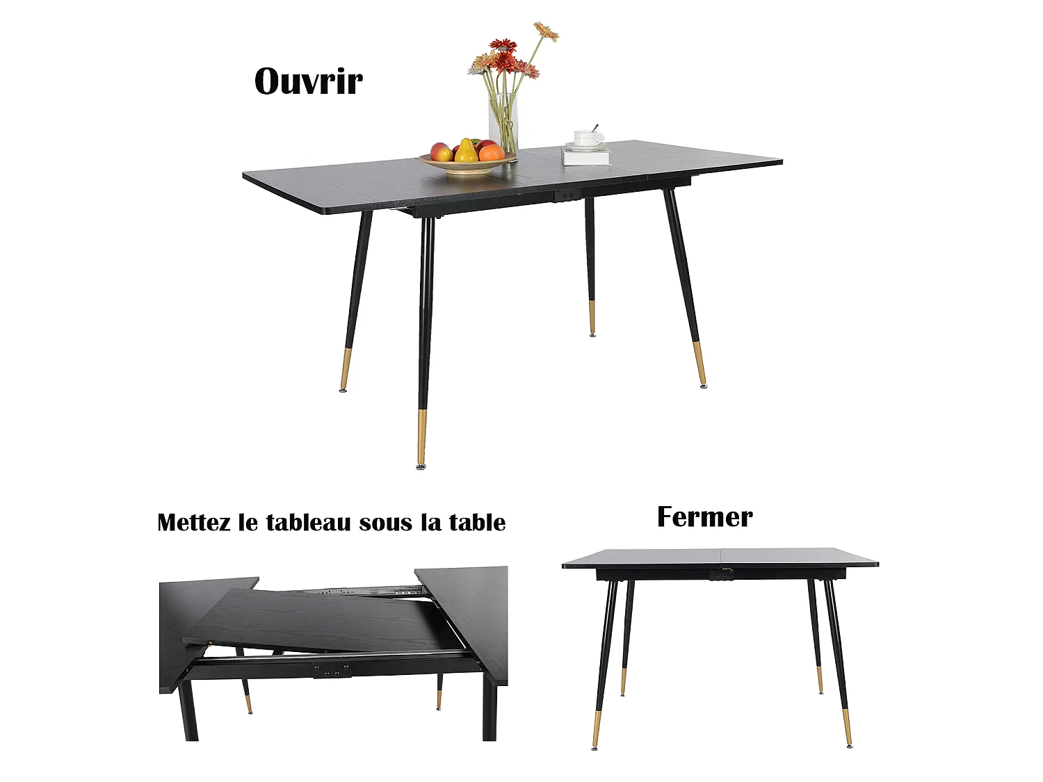 WHALENCHARLTON - Table à manger extensible 120-160 cm à rallonge papillon avec plateau noir et 4 chaises en tissu vert foncé