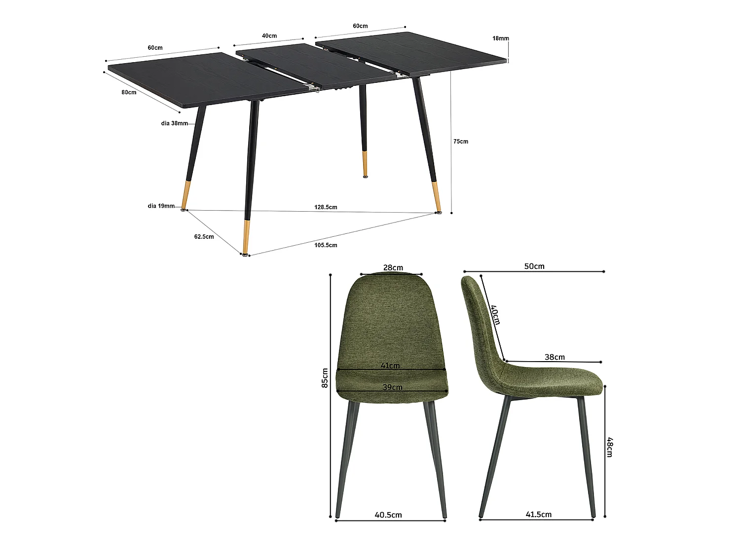 WHALENCHARLTON - Table à manger extensible 120-160 cm à rallonge papillon avec plateau noir et 4 chaises en tissu vert foncé