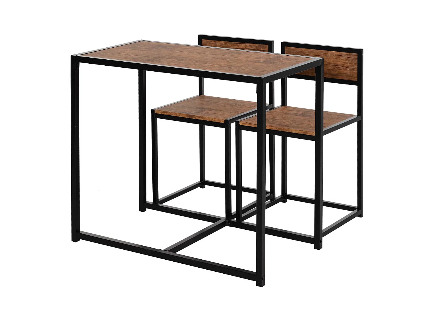 Lottopa Compact Industrial Dining Set Rectangular Table with 2 Stools Natural Wood Effect and Black Steel