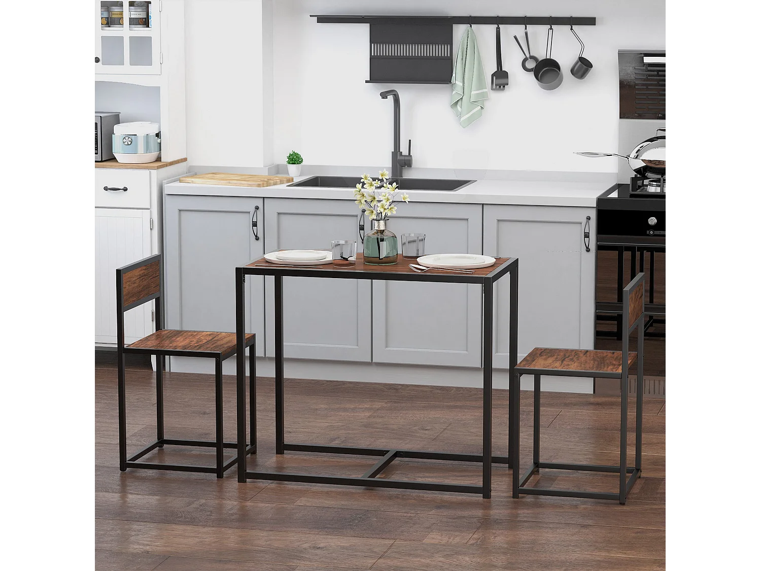 Lottopa Compact Industrial Dining Set Rectangular Table with 2 Stools Natural Wood Effect and Black Steel