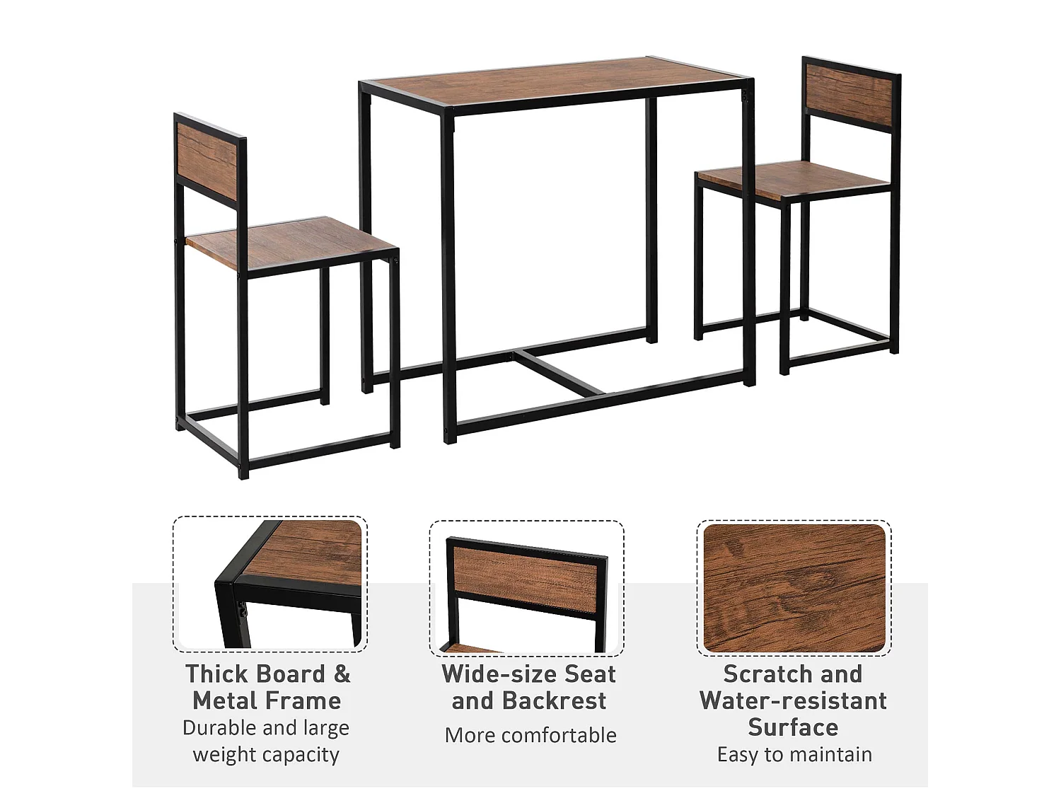 Lottopa Compact Industrial Dining Set Rectangular Table with 2 Stools Natural Wood Effect and Black Steel