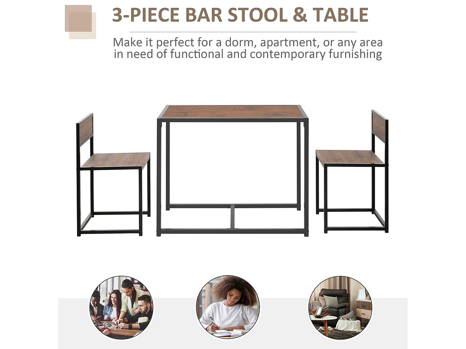 Lottopa Compact Industrial Dining Set Rectangular Table with 2 Stools Natural Wood Effect and Black Steel