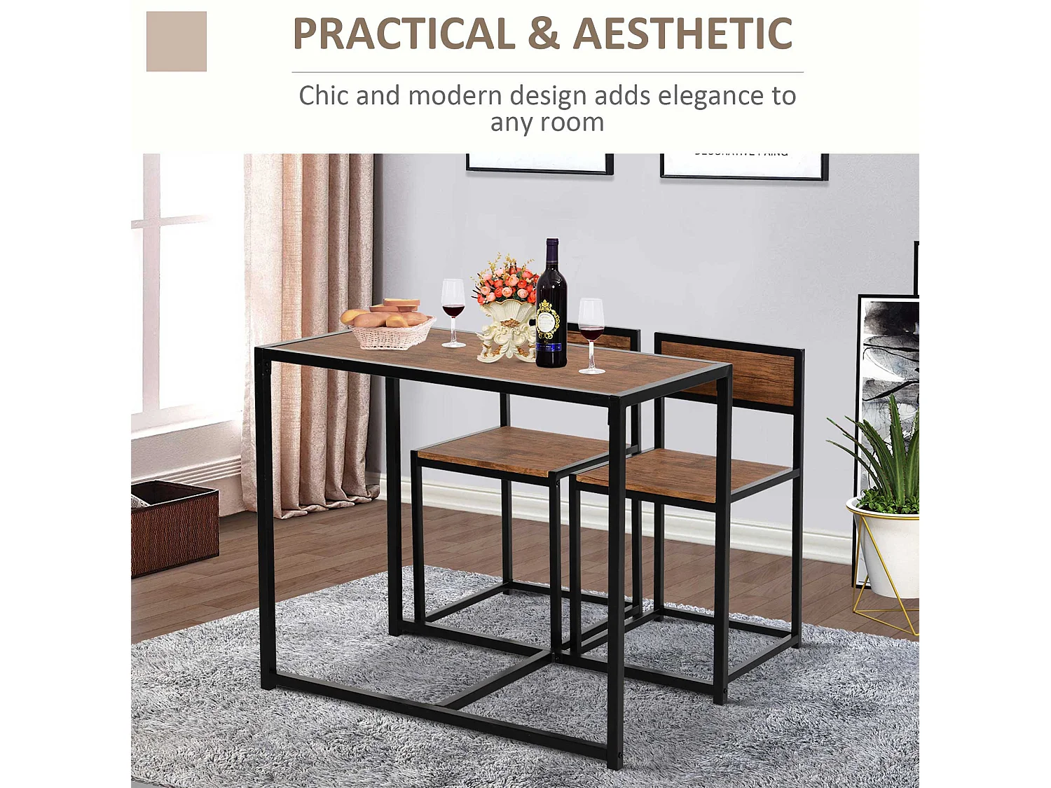 Lottopa Compact Industrial Dining Set Rectangular Table with 2 Stools Natural Wood Effect and Black Steel