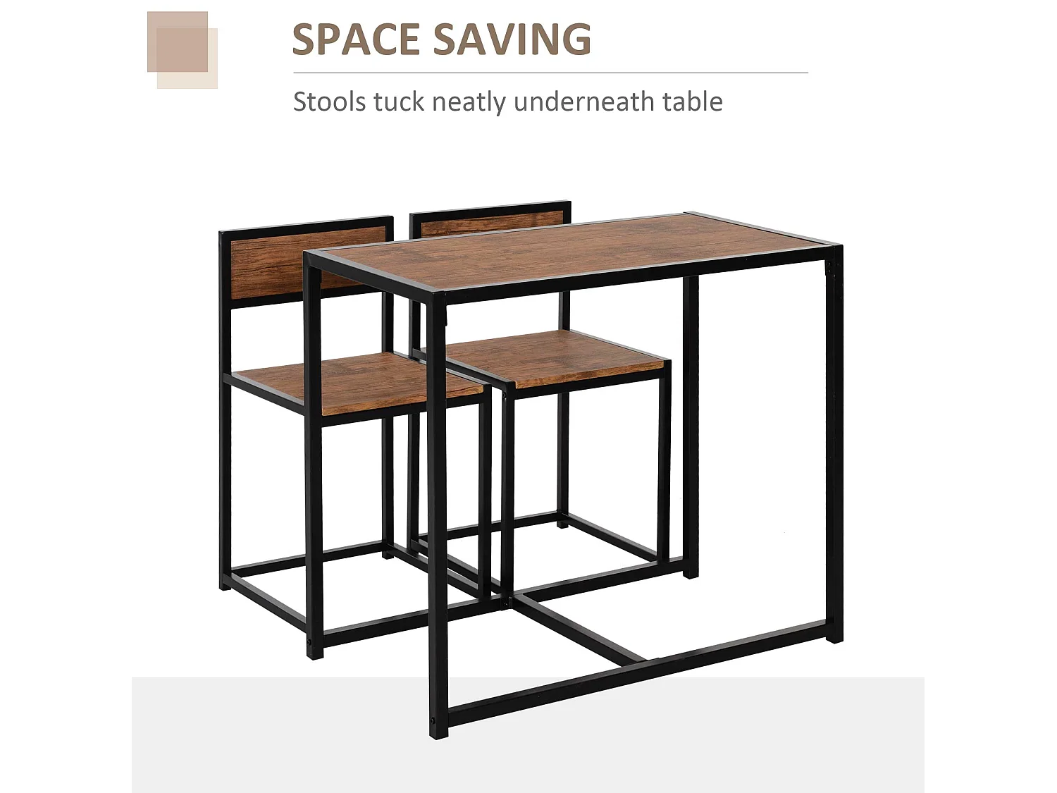 Lottopa Compact Industrial Dining Set Rectangular Table with 2 Stools Natural Wood Effect and Black Steel