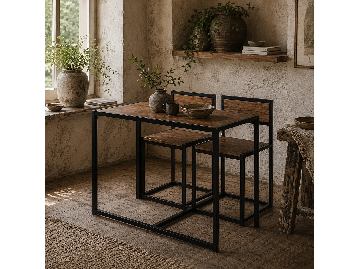 Lottopa Compact Industrial Dining Set Rectangular Table with 2 Stools Natural Wood Effect and Black Steel
