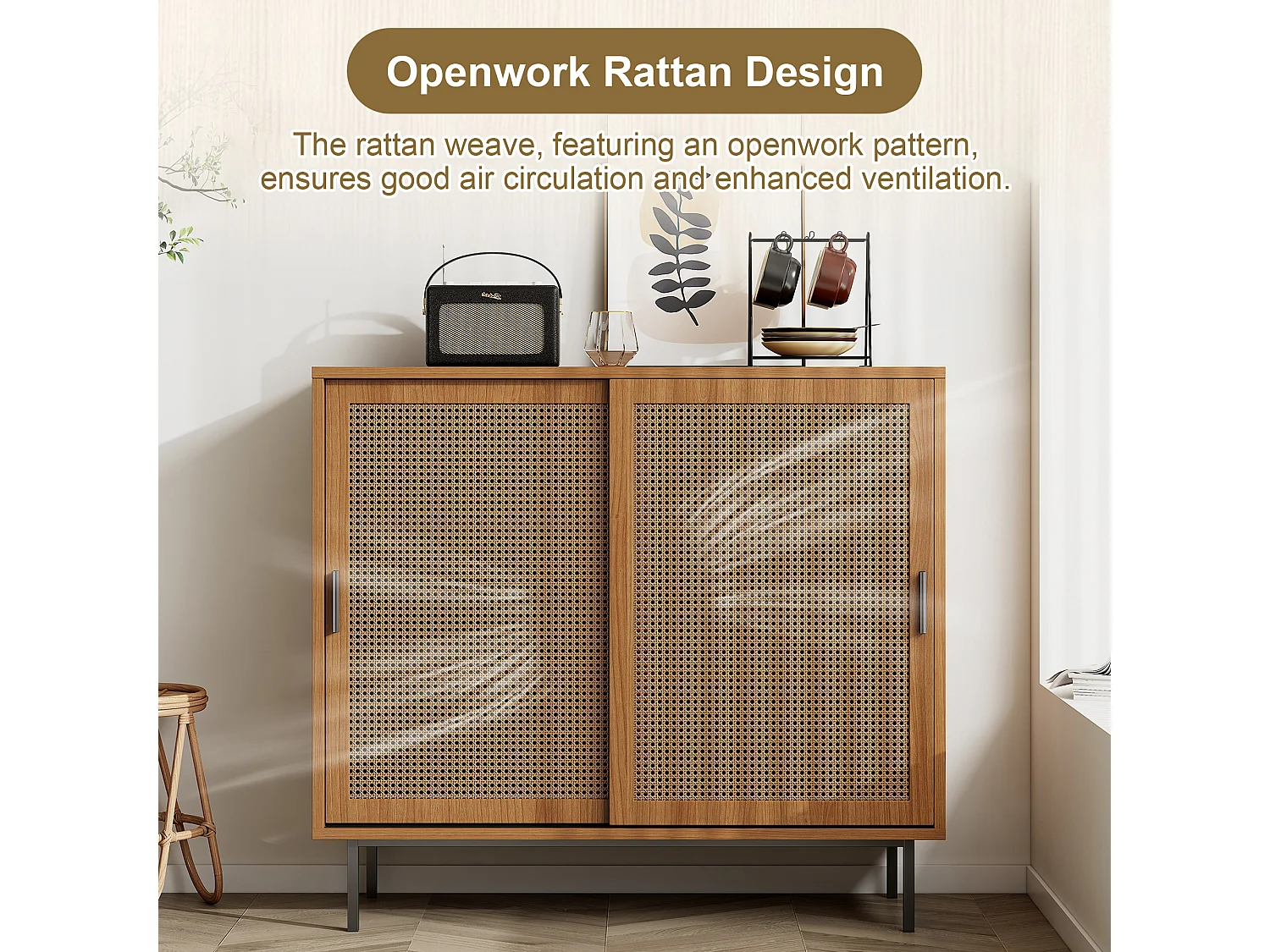 Low sideboard - with 2 sliding doors and adjustable shelves - Natural