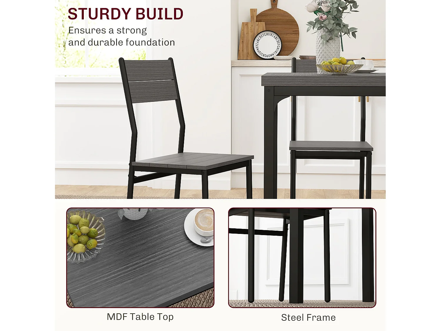Bani 3 Piece Compact Grey Wood Grain Dining Set