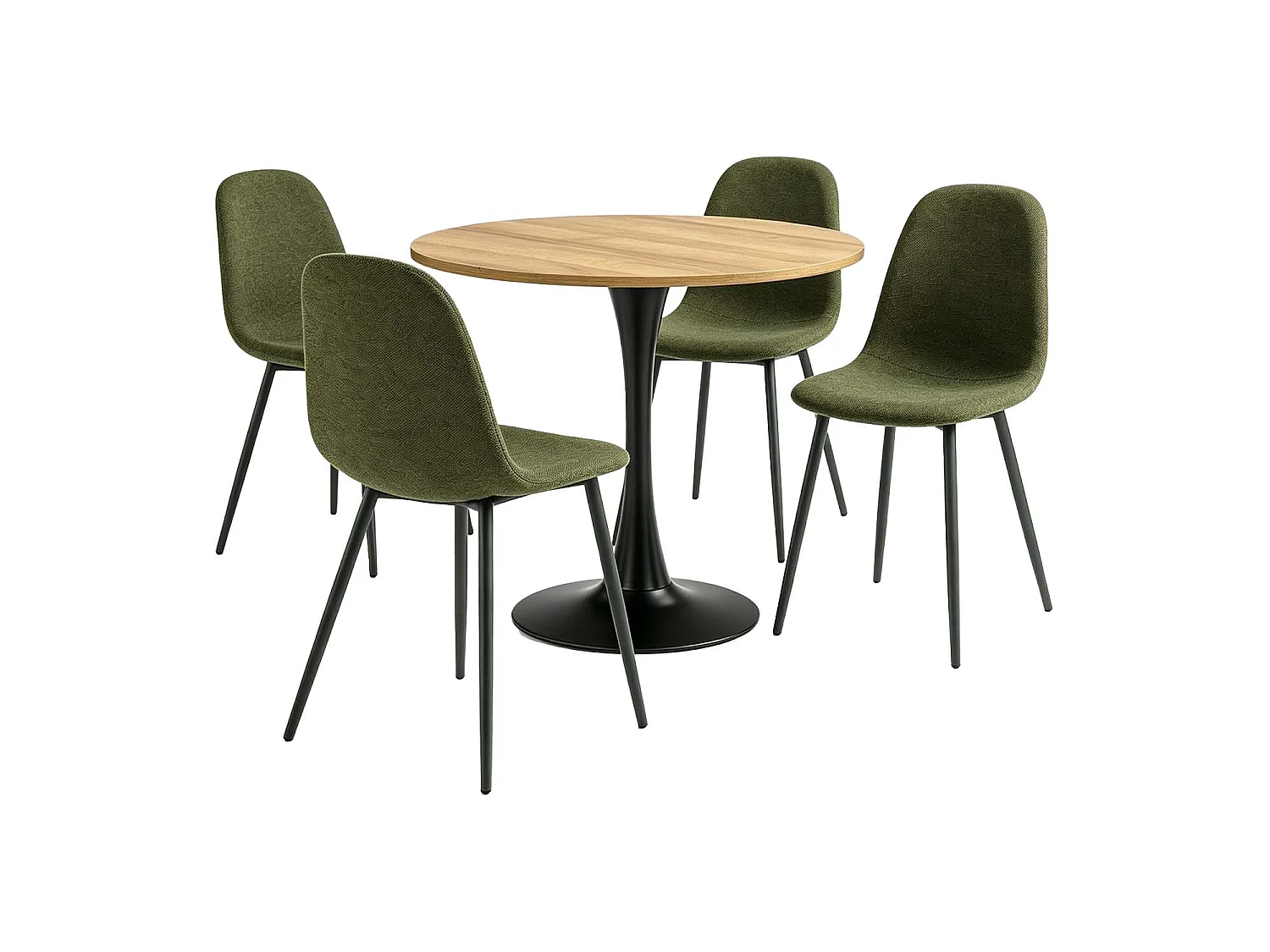 CLIFTOCHARLTON - Table à manger ronde de 80 cm en imitation chêne et pieds métal noirs avec 4 chaises en tissu vert foncé