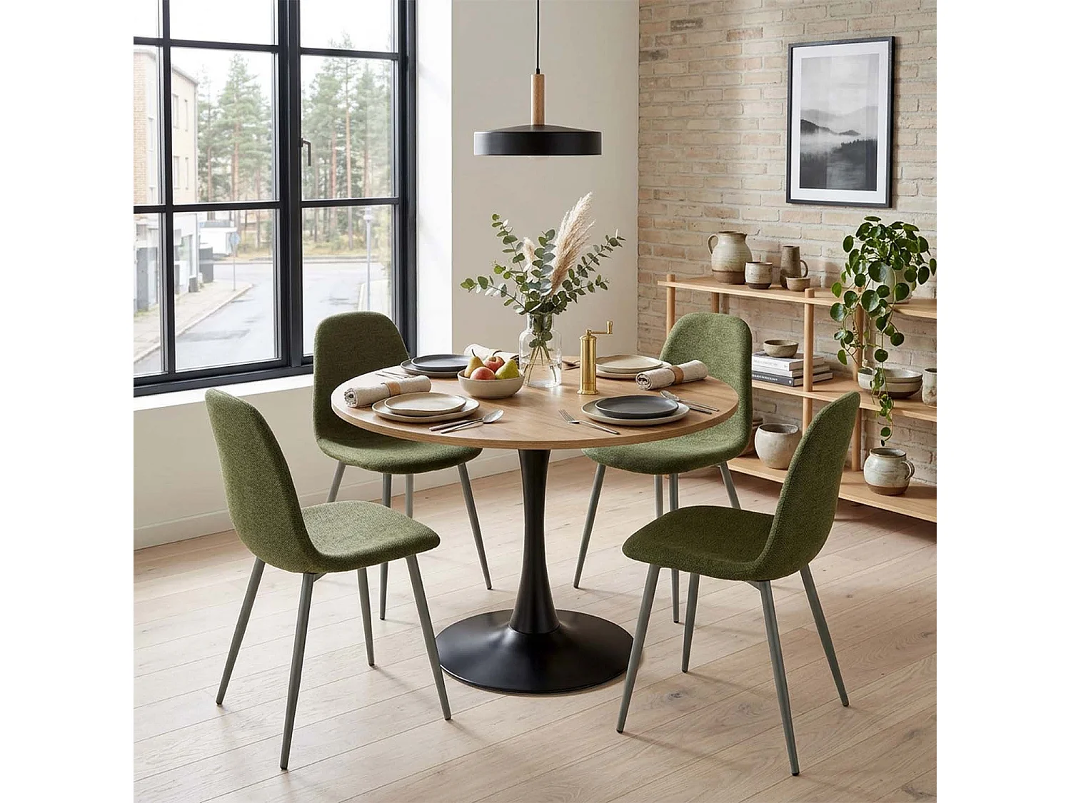 CLIFTOCHARLTON - Table à manger ronde de 80 cm en imitation chêne et pieds métal noirs avec 4 chaises en tissu vert foncé