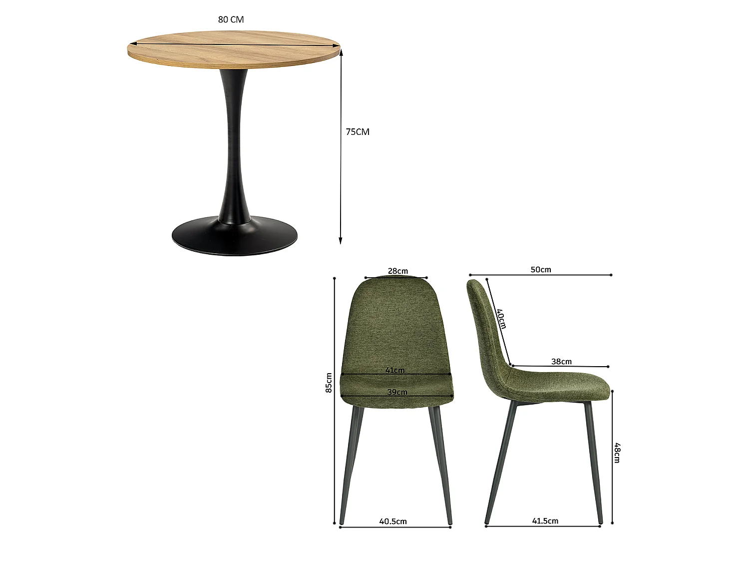 CLIFTOCHARLTON - Table à manger ronde de 80 cm en imitation chêne et pieds métal noirs avec 4 chaises en tissu vert foncé