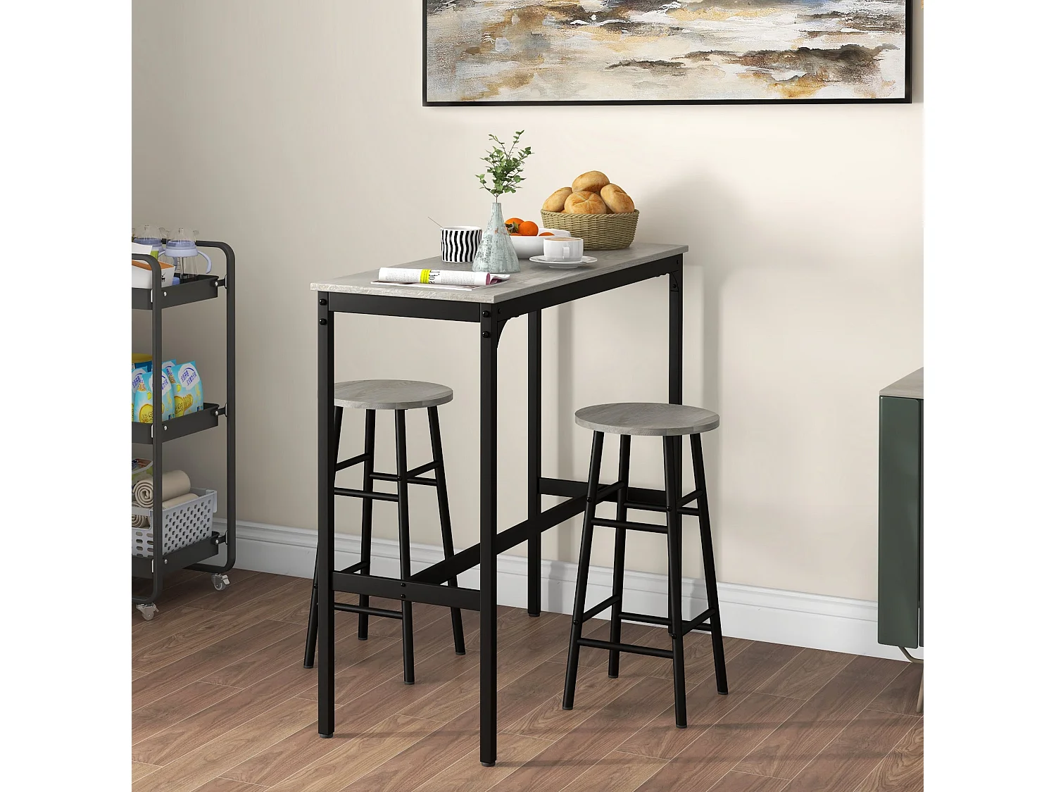Dirive Grey Industrial 3 Piece Bar Table and Stool Set