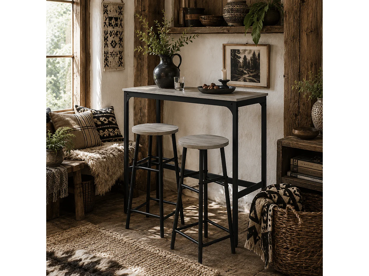 Dirive Grey Industrial 3 Piece Bar Table and Stool Set