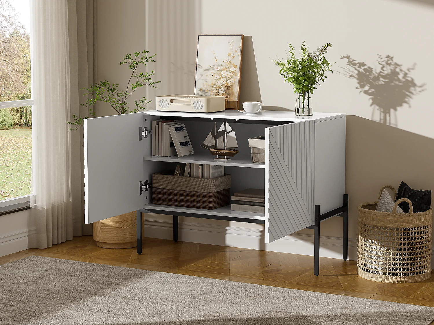 Sideboard 100x40x75cm - 2 doors with adjustable shelves - Blanc