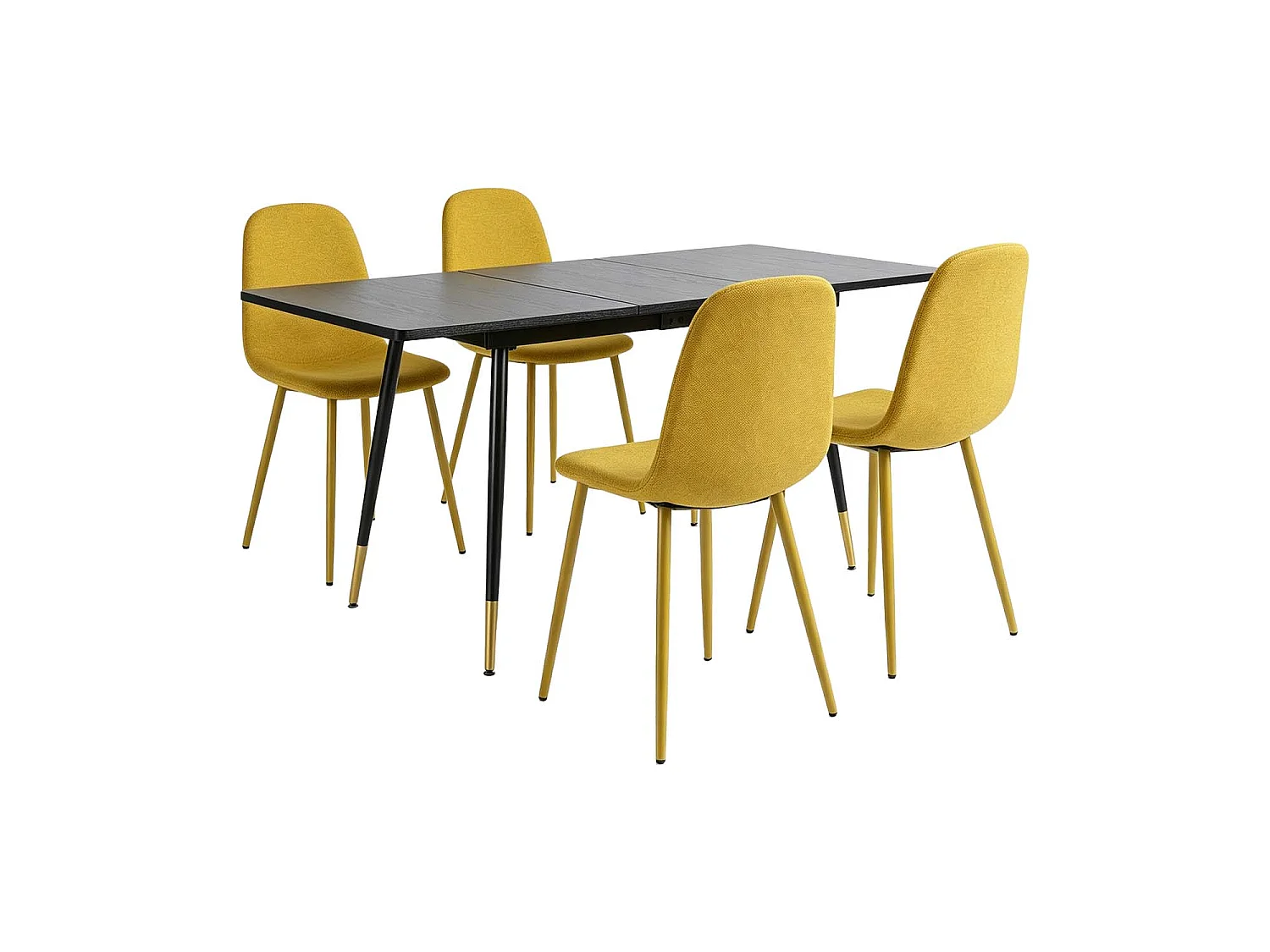 WHALENCHARLTON - Table à manger extensible 120-160 cm à rallonge papillon avec plateau noir et 4 chaises en tissu jaune