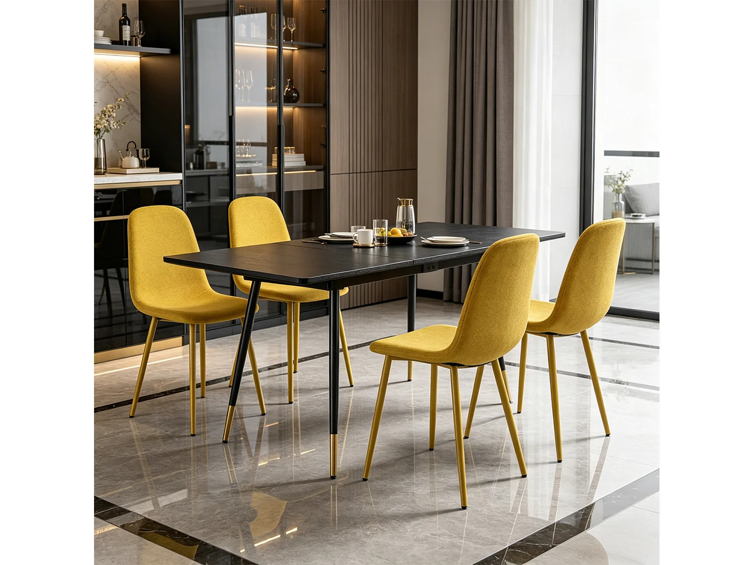 WHALENCHARLTON - Table à manger extensible 120-160 cm à rallonge papillon avec plateau noir et 4 chaises en tissu jaune