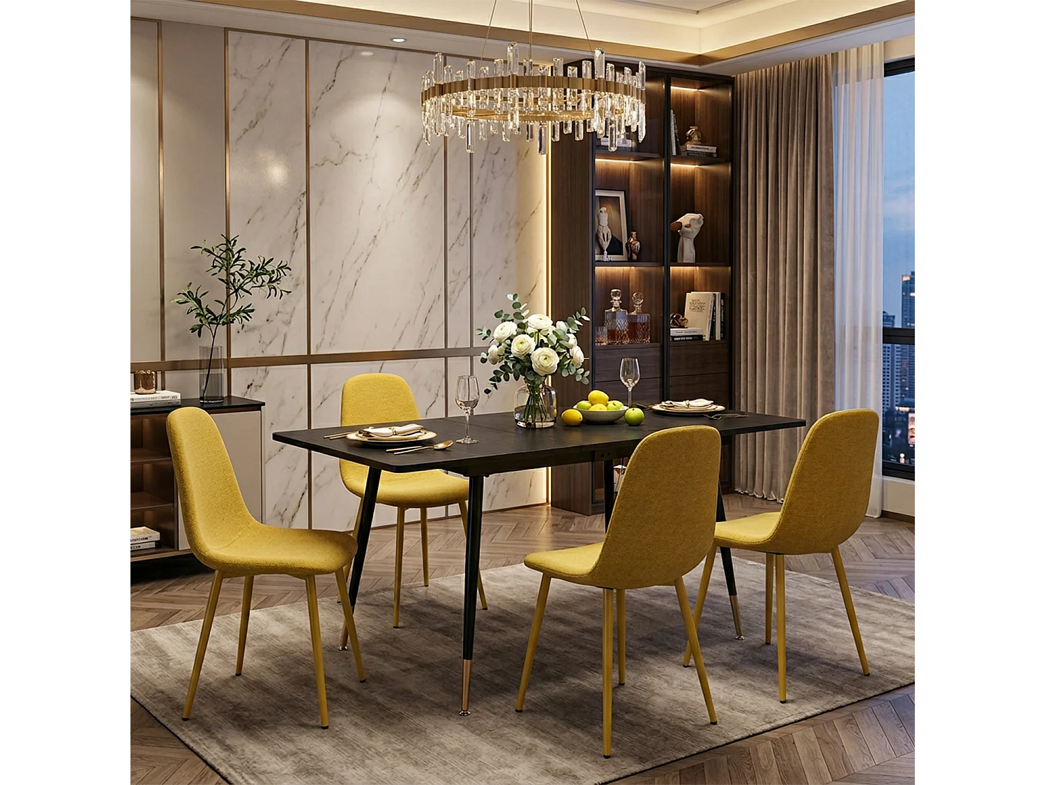 WHALENCHARLTON - Table à manger extensible 120-160 cm à rallonge papillon avec plateau noir et 4 chaises en tissu jaune