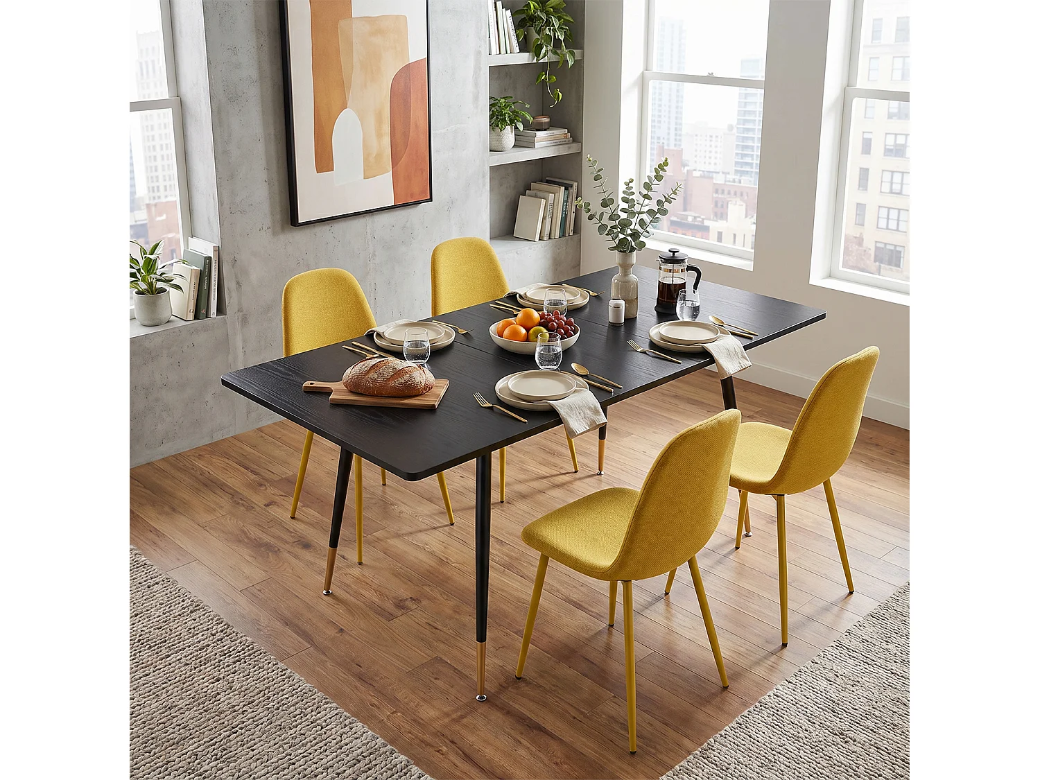 WHALENCHARLTON - Table à manger extensible 120-160 cm à rallonge papillon avec plateau noir et 4 chaises en tissu jaune