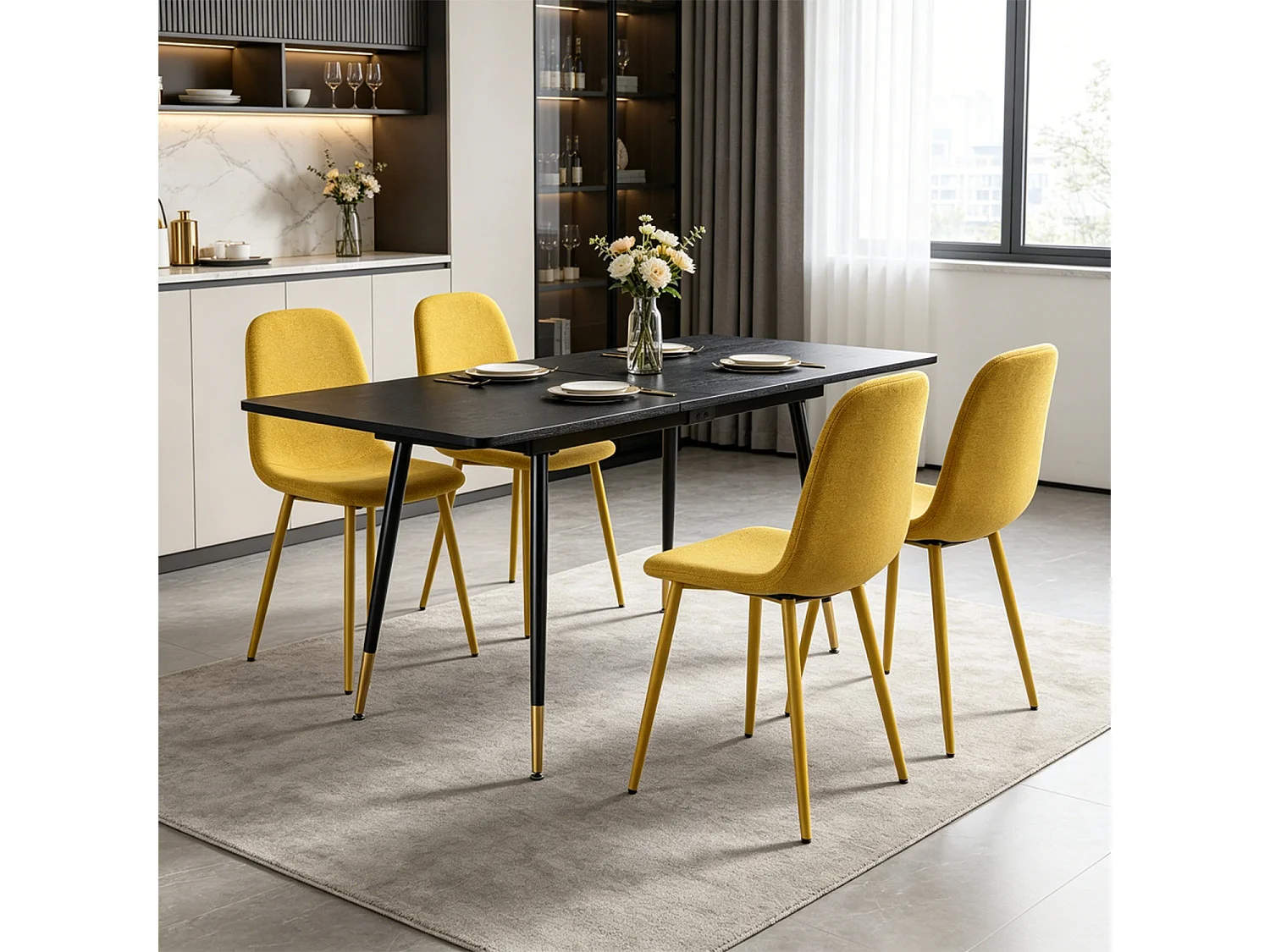WHALENCHARLTON - Table à manger extensible 120-160 cm à rallonge papillon avec plateau noir et 4 chaises en tissu jaune