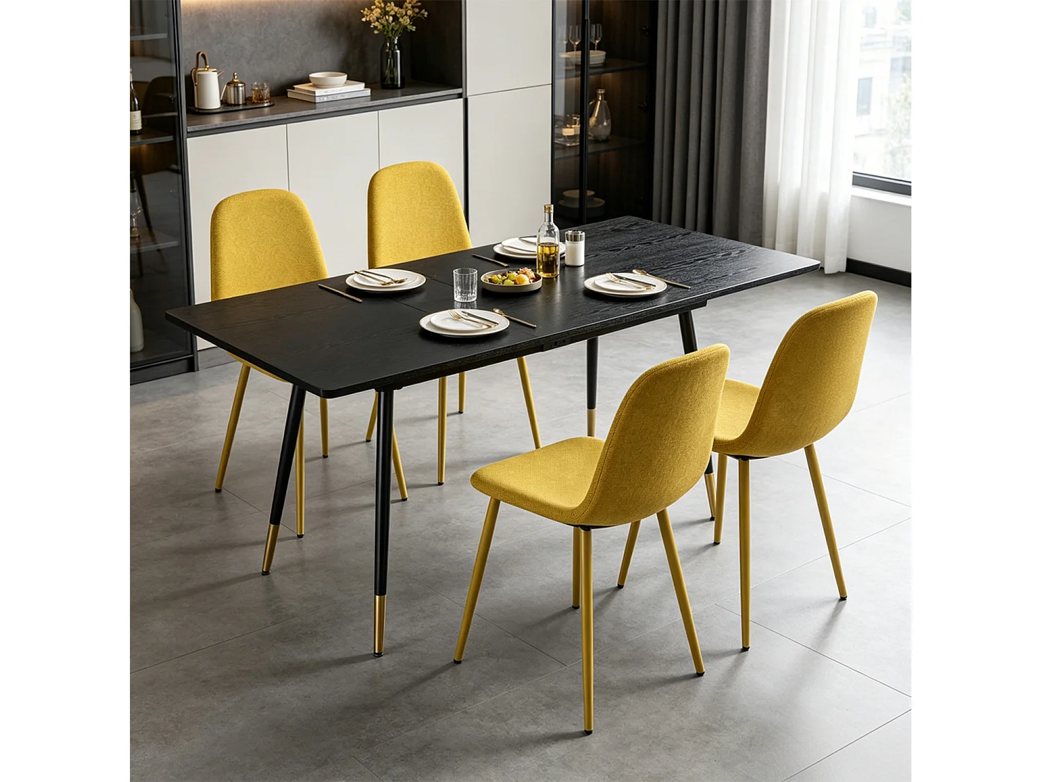 WHALENCHARLTON - Table à manger extensible 120-160 cm à rallonge papillon avec plateau noir et 4 chaises en tissu jaune